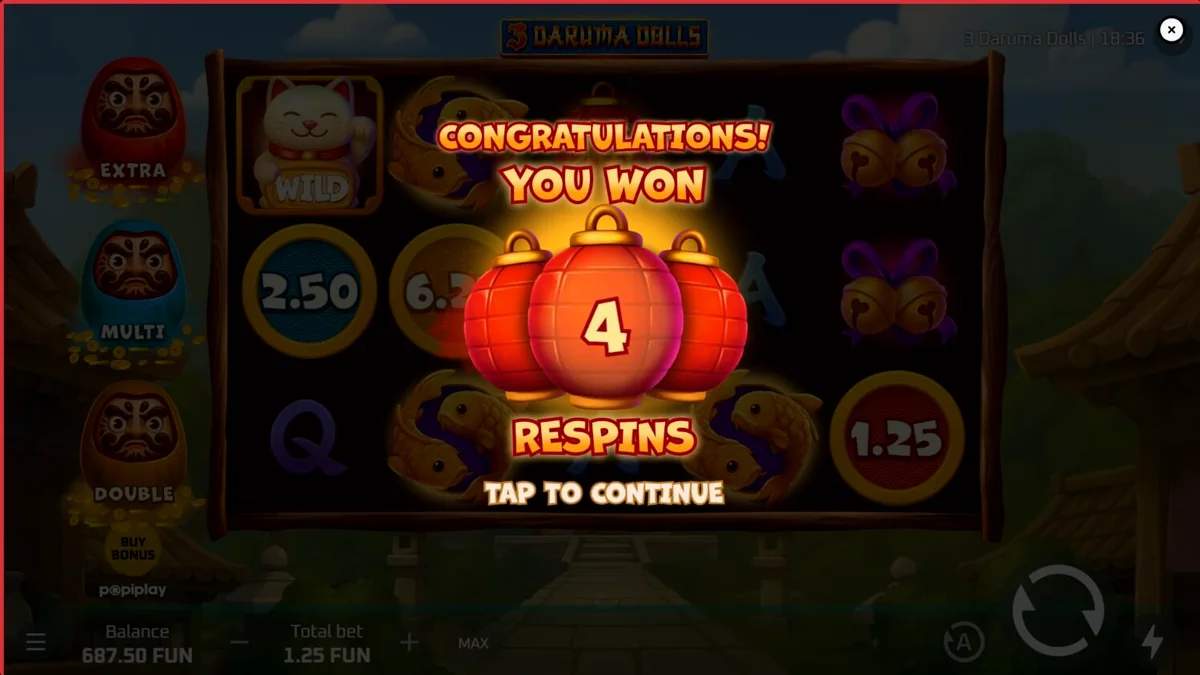 Interface do jogo de slot 3 Daruma Dolls com bonecos temáticos e rolos coloridos