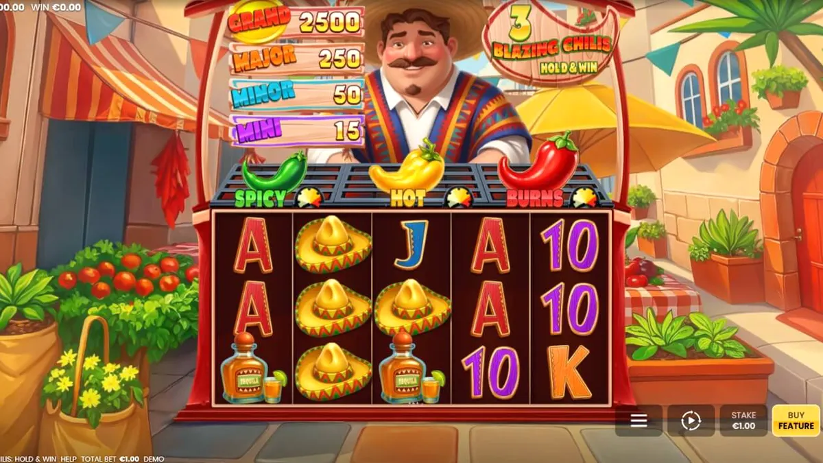 Interface do jogo 3 Blazing Chilis com temática de festa mexicana