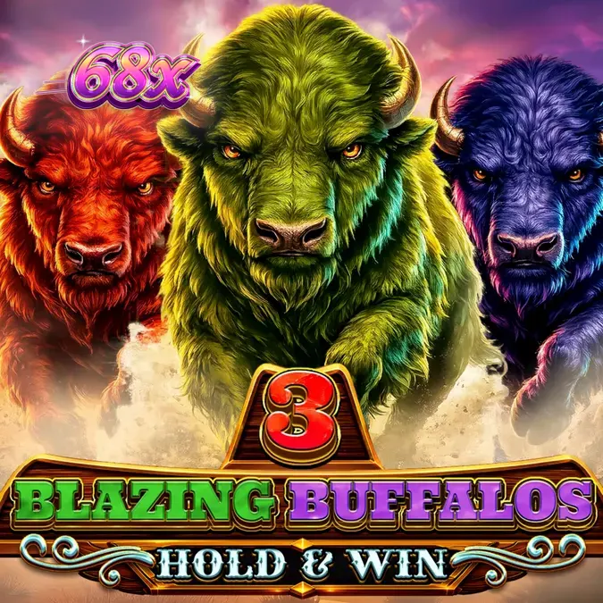 Interface do jogo de slot 3 Blazing Buffalos com tema de faroeste neon