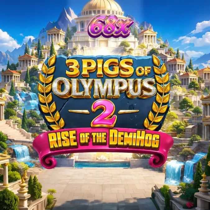 Captura de tela do jogo 3 Pigs of Olympus 2 Rise of the DemiHog em um dispositivo móvel, mostrando os porcos divinos e o cenário de Olympus.