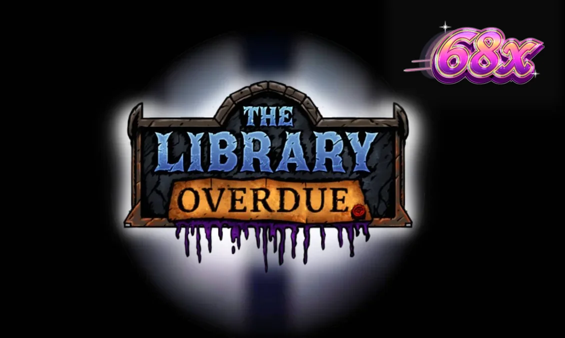 Cena atmosférica de The Library Overdue com estética gótica e rolos de jogo.